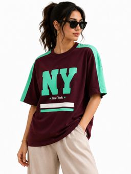 IZF - Women Maroon Typography Printed Oversized T-Shirt