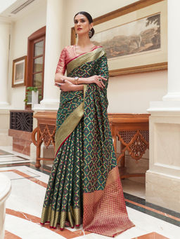 Odette - Festive Green Silk Blend Woven Saree with Unstitched Blouse