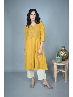 EARTHWEAR - Hand Embroidered Handloom Cotton Three Panel Yellow Kurta with Pant