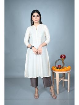 EARTHWEAR - Hand Embroidered Tassar Silk White Kurta with Pant