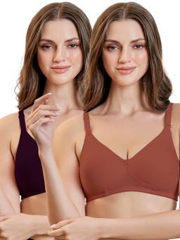 MAROON - Multi-Color Solid Cotton Regular Bra (Pack of 2)