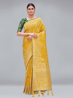 Monjolika Fashion - Yellow Woven Silk Blend Designer Saree With Unstitched Blouse