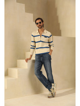 PRIMAL GRAY - Cream & Cobalt Blue Cotton Knit Sweater Polo Neck Pull Over