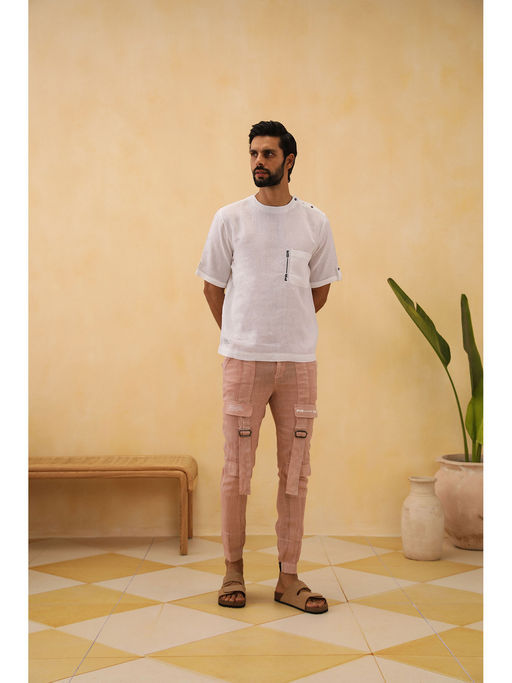 PRIMAL GRAY White Organic Linen Side Neck Button Shirt
