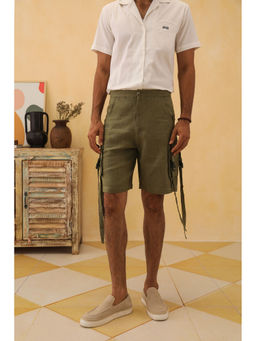 PRIMAL GRAY - Green Linen Solid Plain Shorts