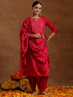 Libas - Red Embroidered Embellished Sequined Kurta with Salwar and Dupatta (Set of 3)