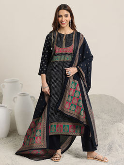 Libas - Navy Blue Printed Kurta with Pant & Dupatta (Set of 3)