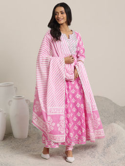 Libas - Pink Printed Cotton Anarkali Sets for Women