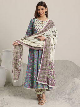 Libas - Blue Printed Cotton Anarkali Sets for Women