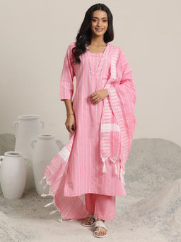 Libas - Pink Striped Kurta with Pant & Dupatta (Set of 3)