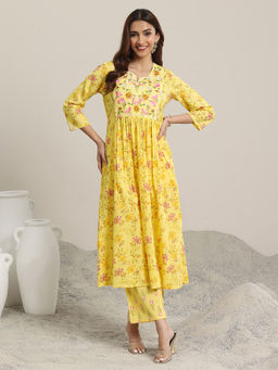 Libas - Yellow Printed Cotton A-line Kurta Set for Women