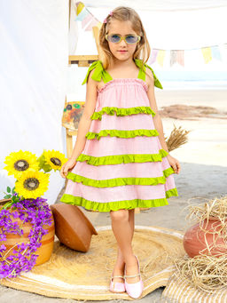 JILMIL - Girls Ruffled Pink and Green Cotton Dress