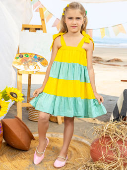 JILMIL - Girls Yellow Green Colour Blocked Layered Cotton Dress
