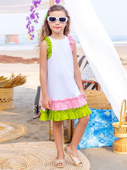 JILMIL - Girls Green and Pink Frilled White Cotton Dress