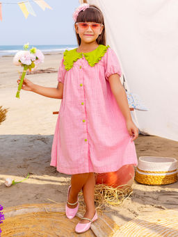 JILMIL - Girls Green Collar Pink Dress
