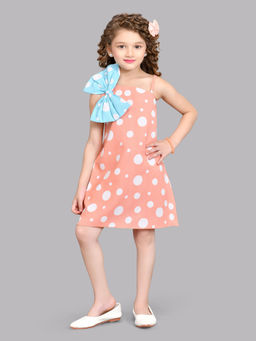Pink Chick - Girls Sleeveless Cotton Knee Length Polka Dot A Line Dress- Peach