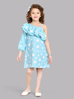 Pink Chick - Girls Cotton Knee Length Polka Dot Ruffled A Line Dress -Blue