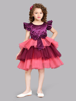 Pink Chick - Girls Satin Knee Length Layered Dress- Purple
