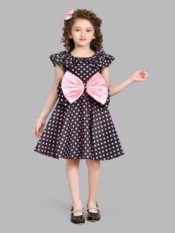 Pink Chick - Girls Blended Knee Length Polka Dot Bow Fit and Flare Dress -Black