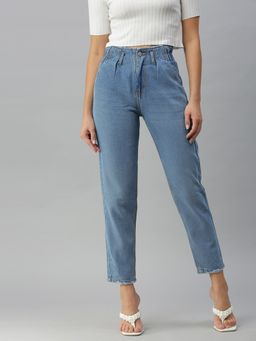 SHOWOFFFF - Women Low Distress Blue Mom Fit Denim Jeans