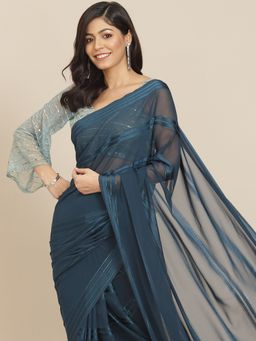 Tikhi Imli - Navy Blue Striped Polyester Saree with Tassels with Unstitched Blouse