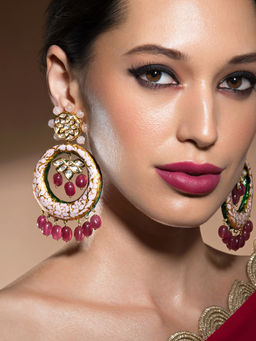 Joules By Radhika - Magnificent Kundan Polki Gold Enamelled Earrings With Hydro Ruby Drops