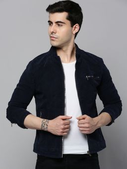 SHOWOFFFF - Mens Mandarin Collar Navy Blue Solid Denim Jacket