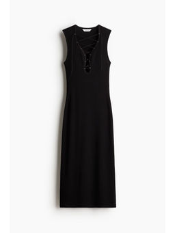 H&M - Women Black Ribbed Lacing-Detail Dress