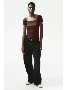 H&M - Women Brown Ribbed Cotton T-Shirt