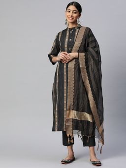 Vbuyz - Women Printed Straight Cotton Blend Black Stitched Kurta Pant with Dupatta (Set of 3)