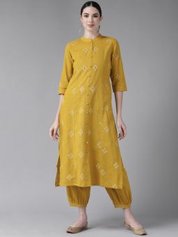 ISHIN - Women's Cotton Mustard Yellow Embroidered A-Line Kurta Salwar (Set of 2)