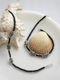 PANASH - Oxidized Silver-Plated Black Beaded Handcrafted Anklets