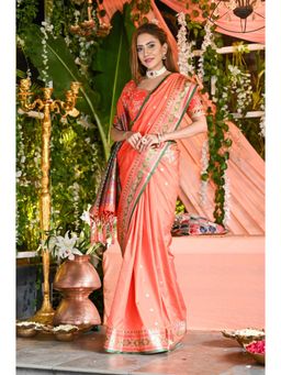 Beatitude - Peach Shade Soft Silk Banarasi Woven Saree with Unstitched Blouse