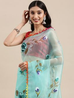 Vastranand - Green Organza Party Wear Saree With Hand Paint Flower Butta with Unstitched Blouse