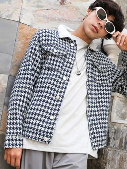 Campus Sutra - Men Navy Blue & Moon Grey Fleece Houndstooth Denim Jacket