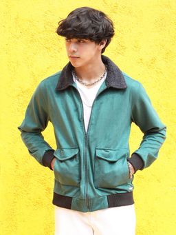 Campus Sutra - Men Forest Green Zip-Front Jacket With Fleece Collar