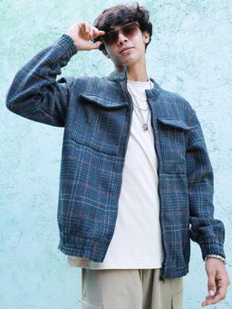 Campus Sutra - Men Forest Green Tartan Plaid Jacket With Flap Pockets