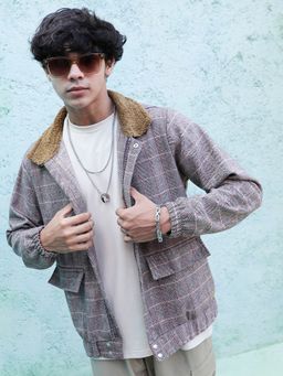 Campus Sutra - Men Brown Tartan Plaid Jacket With Fleece Collar