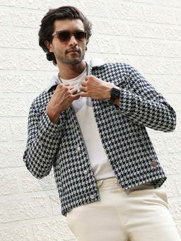 Campus Sutra - Men Navy Blue & Moon Grey Fleece Houndstooth Denim Jacket