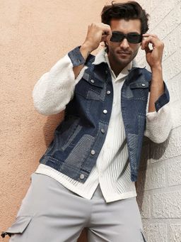 Campus Sutra - Men Navy Blue & Chalk White Fleece Block Denim Jacket