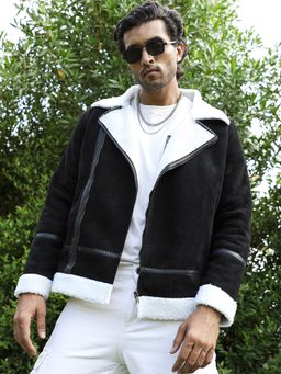 Campus Sutra - Men Carbon Black & Chalk White Fleece Lined Jacket