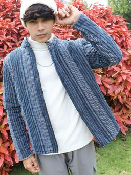Campus Sutra - Men Black & Prussian Blue Striped Quilted Bomber Jacket