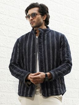 Campus Sutra - Men Navy Blue Fleece Block Denim Jacket