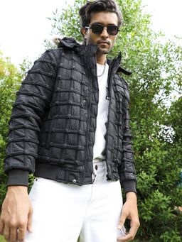 Campus Sutra - Men Carbon Black Self-Design Puffer Jacket With Fleece Hood