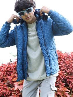 Campus Sutra - Men Admiral Blue Self-Design Buffalo Check Puffer Jacket