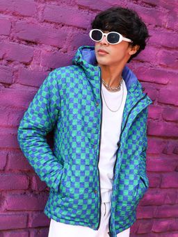 Campus Sutra - Men Royal Blue & Shamrock Green Micro Buffalo Check Puffer Jacket
