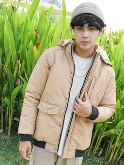 Campus Sutra - Men Beige Self-Design Diamond Puffer Jacket With Fleece Hood