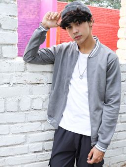 Campus Sutra - Men Moon Grey Zip-Front Baseball Jacket