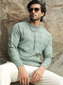 Campus Sutra - Men Blush Green Textured Knit Sweater