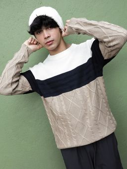 CAHOOT - Men Multicolour Contrast Panel Cable Knit Sweater